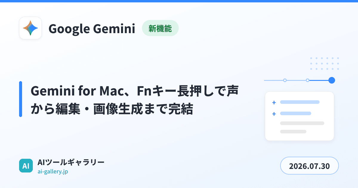 Gemini for Mac、Fnキー長押しで声から編集・画像生成まで完結