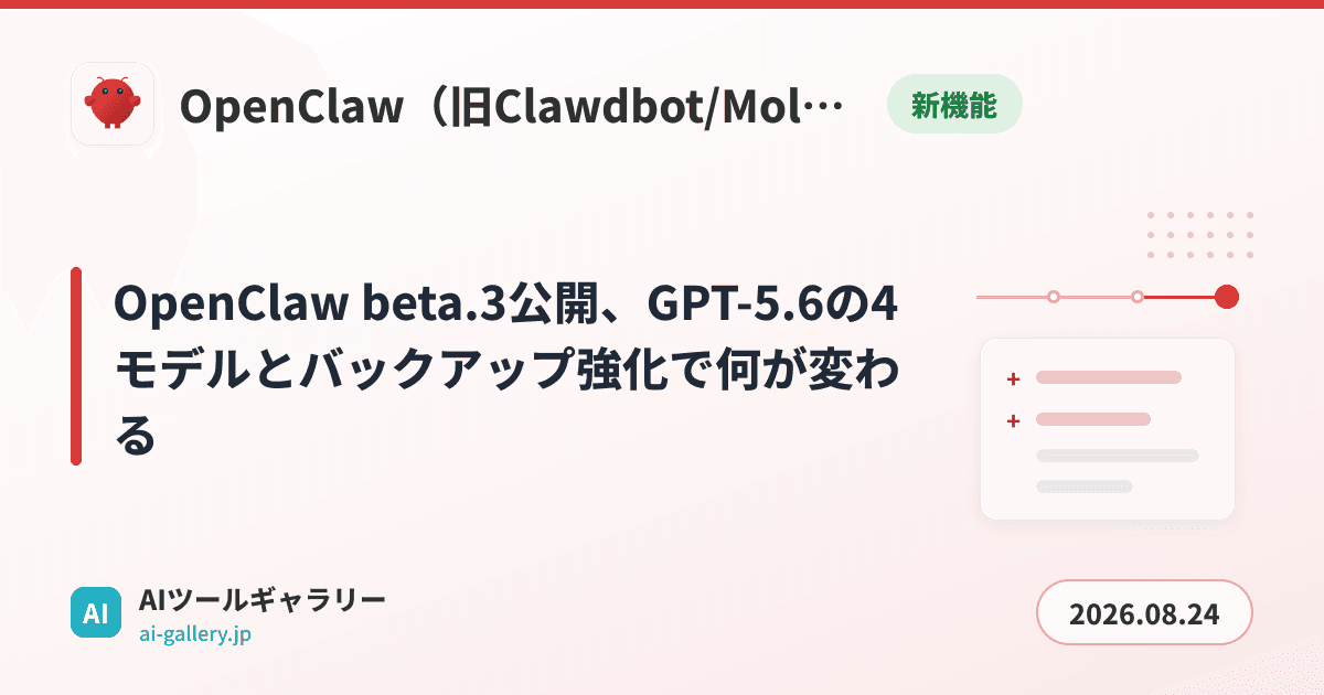 OpenClaw beta.3公開、GPT-5.6の4モデルとバックアップ強化で何が変わる