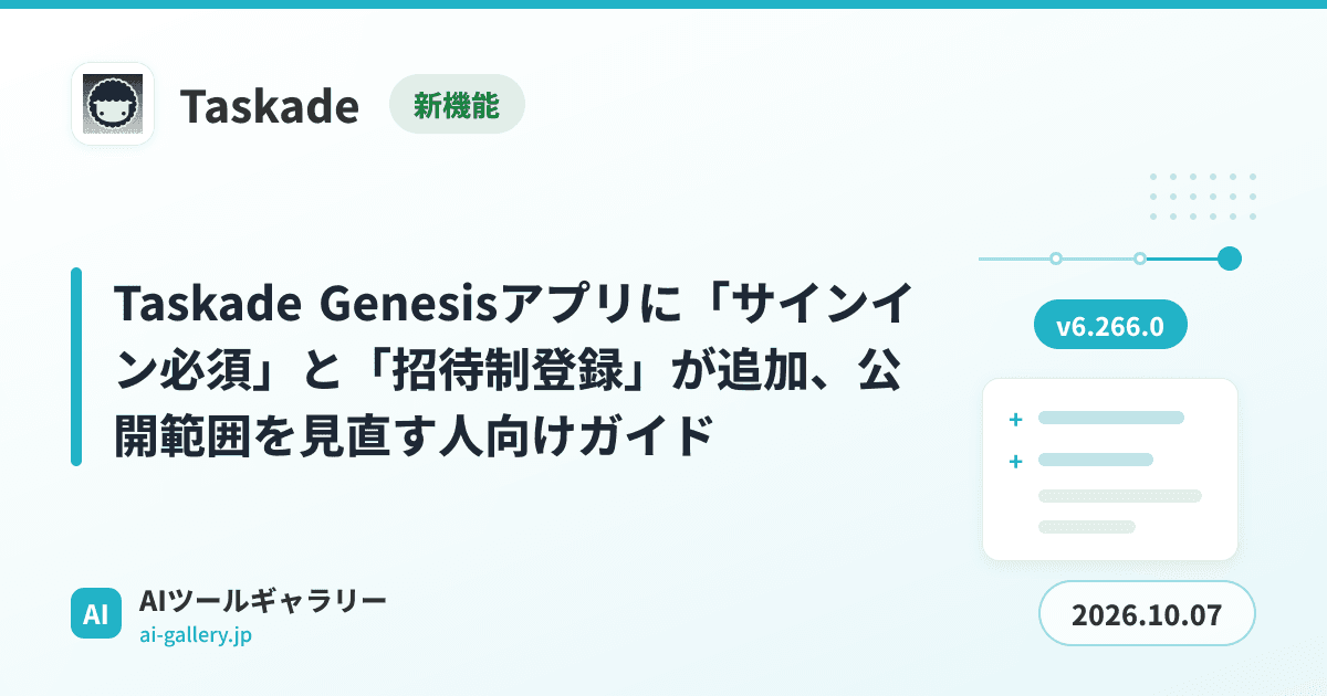 Taskade Genesisアプリに「サインイン必須」と「招待制登録」が追加、公開範囲を見直す人向けガイド