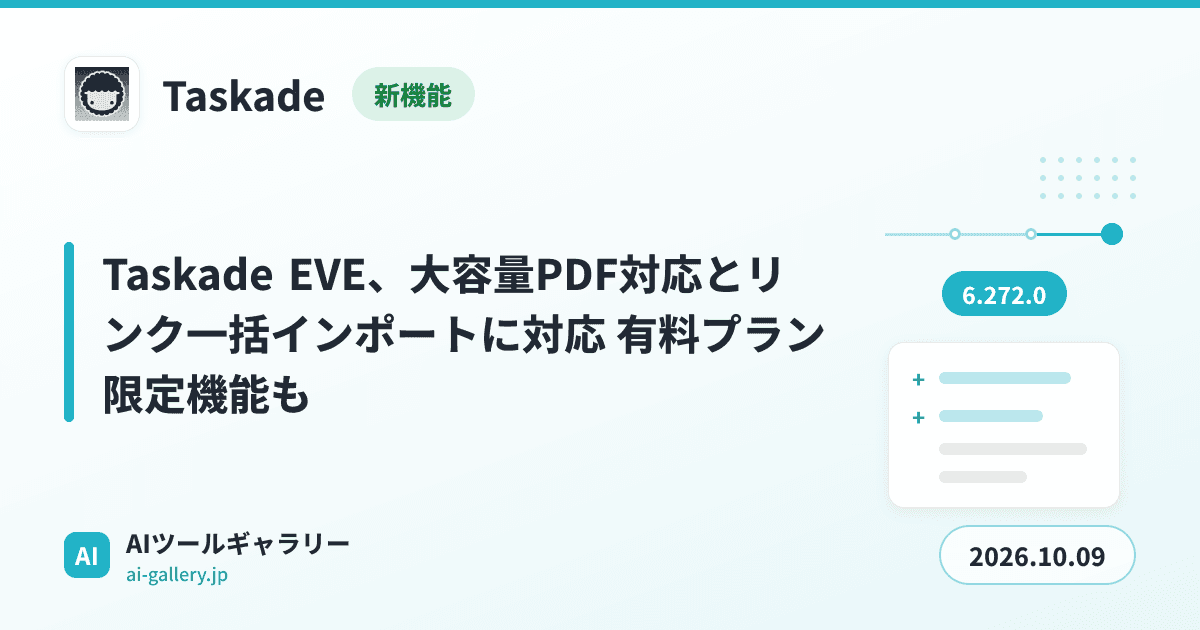 Taskade EVE、大容量PDF対応とリンク一括インポートに対応 有料プラン限定機能も