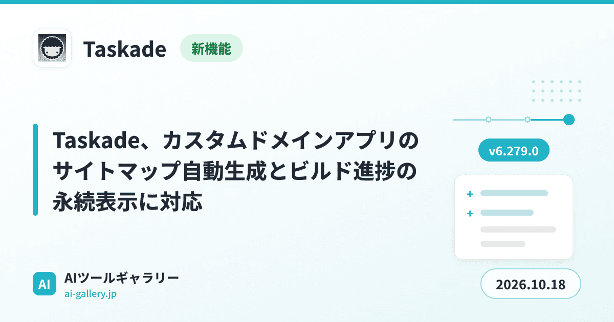 Taskade、カスタムドメインアプリのサイトマップ自動生成とビルド進捗の永続表示に対応