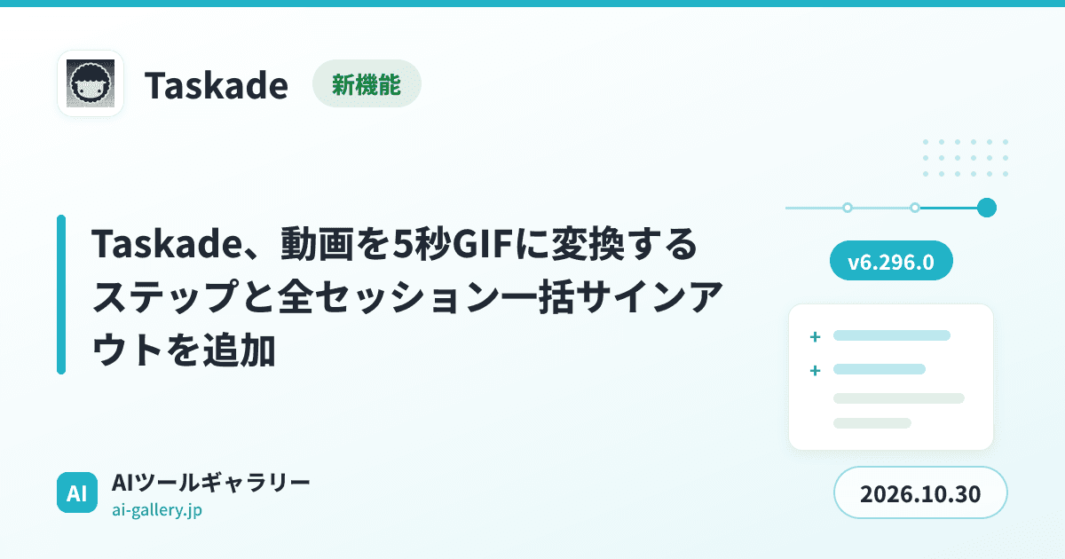 Taskade、動画を5秒GIFに変換するステップと全セッション一括サインアウトを追加