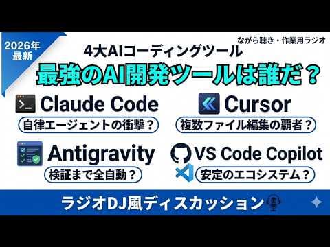 【作業用・聞き流し】AI搭載IDEを大比較！VS Code、GitHub Copilot、Cursor、Claude Code、Google Antigravity。ラジオDJ風ディスカッション