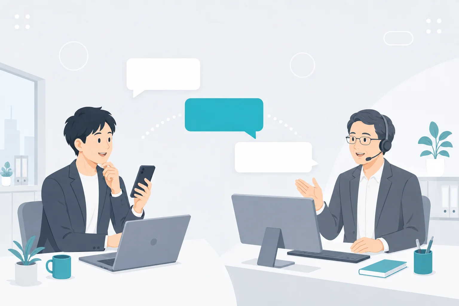 チャットの吹き出しでつながり、専門家に質問しているイラスト