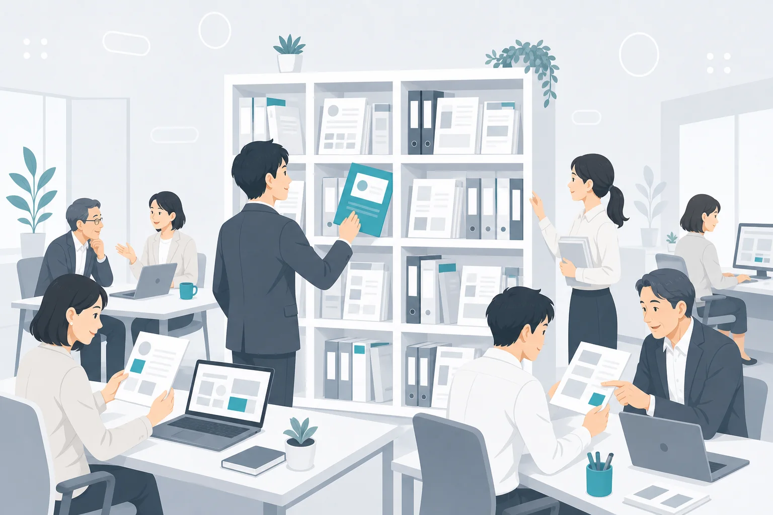 研修で作った手順書や業務レシピが会社の棚に蓄積され、社員が手に取って使っているイラスト