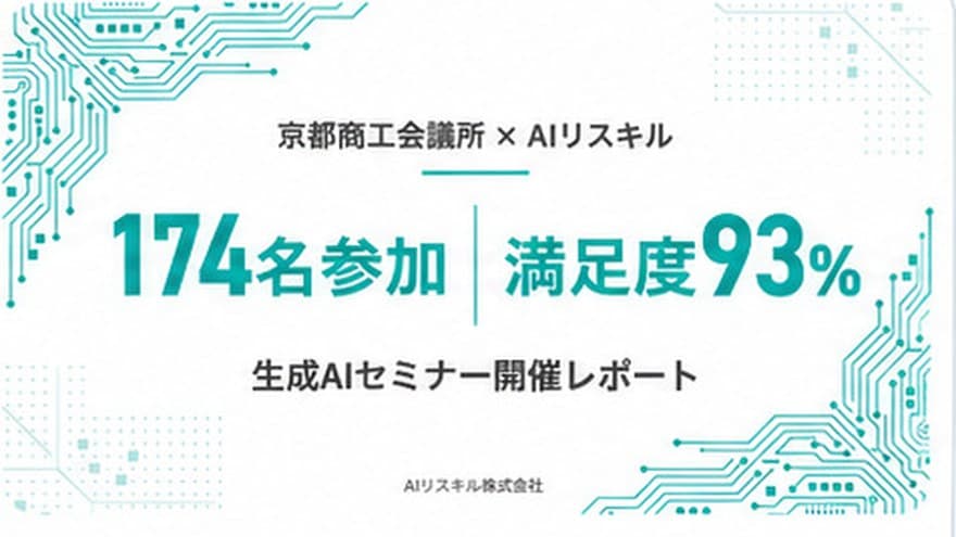 京都商工会議所×AIリスキルの生成AIセミナー開催レポート。174名参加・満足度93%と記載されている