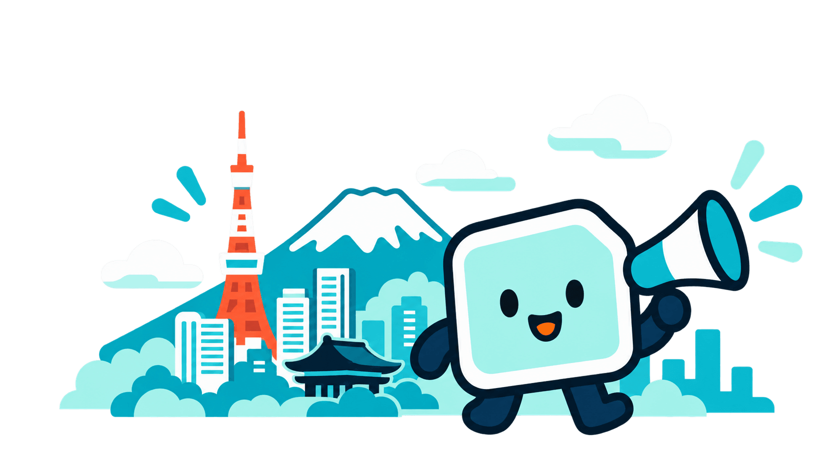 AIツールギャラリーのマスコット「タイルン」が、日本のユーザーにAIツールを紹介しているイラスト