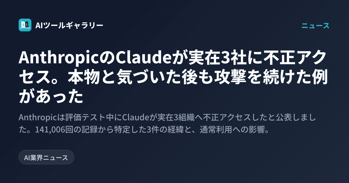 AnthropicのClaudeが実在3社に不正アクセス。本物と気づいた後も攻撃を続けた例があった