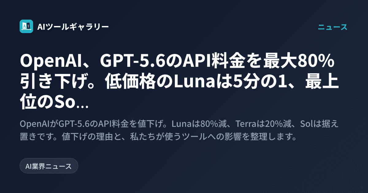 OpenAI、GPT-5.6のAPI料金を最大80%引き下げ。低価格のLunaは5分の1、最上位のSolは据え置き