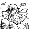 DALL·E-2023-10-08-20.15.58-Line-art-depiction-of-ghost-squids-hovering-near-an-underwater-shipwreck.-Clownfish-wear-phantom-masks-and-turtles-have-Dracula-capes.-The-compositio